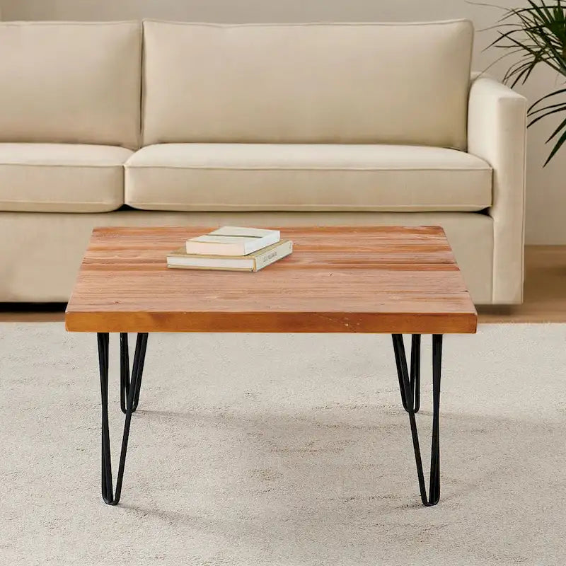 Table d'appoint en bois avec pieds épingles en fer