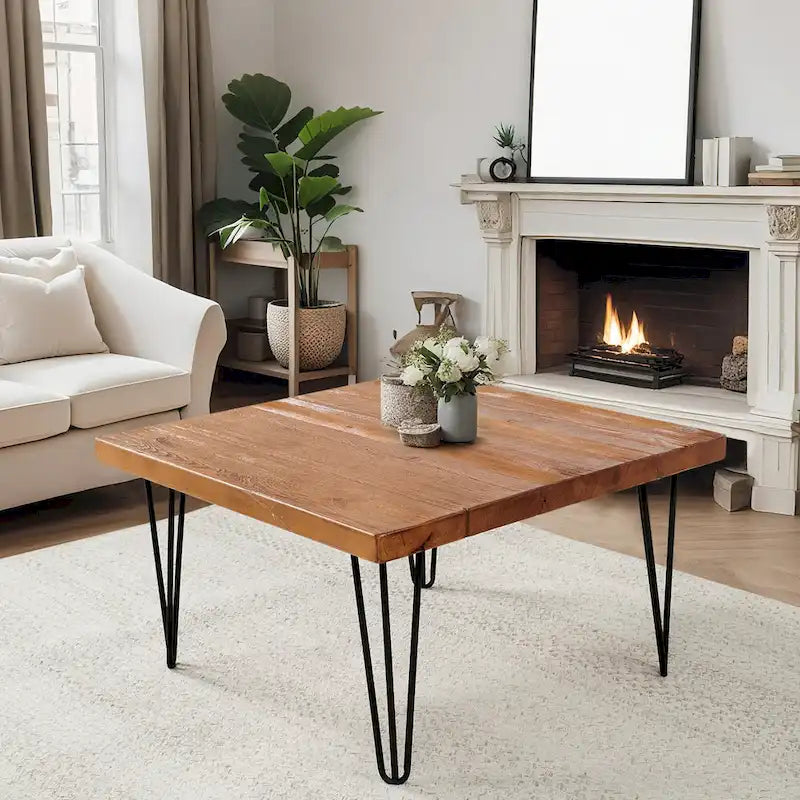 Table d'appoint en bois avec pieds épingles en fer