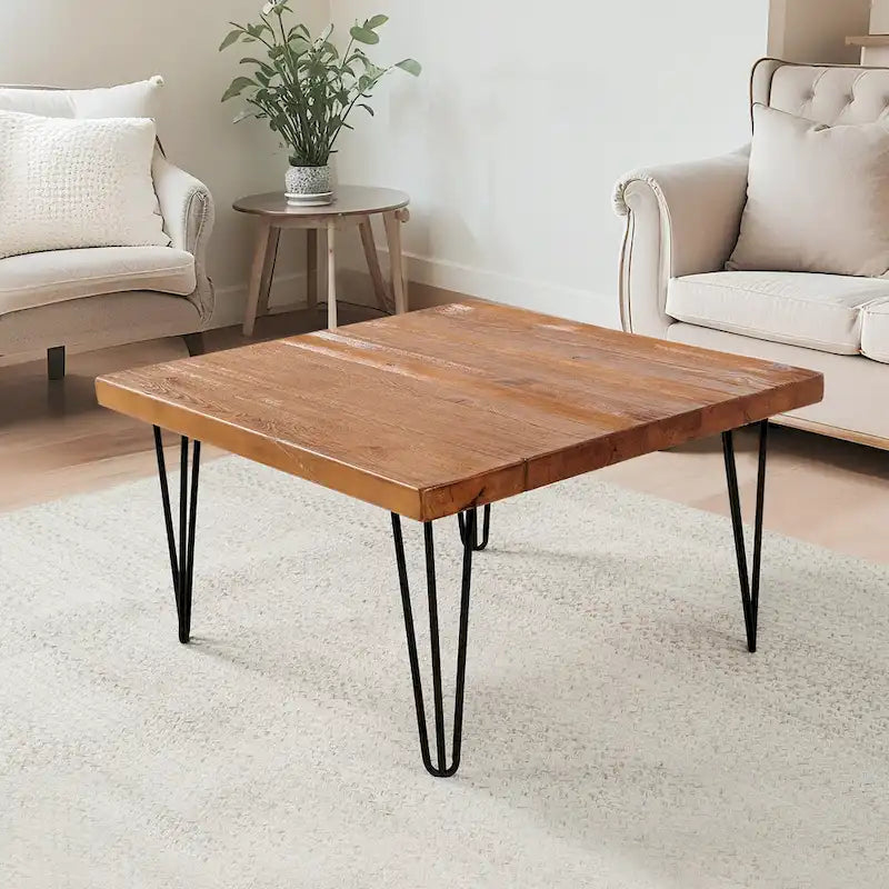 Table d'appoint en bois avec pieds épingles en fer