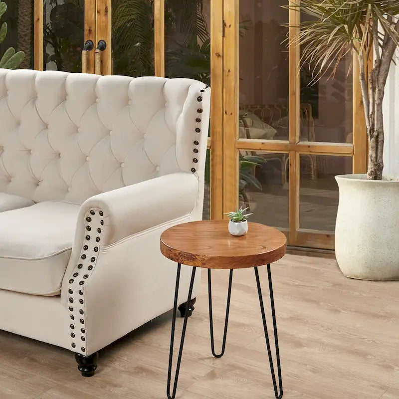 Table d'appoint en bois avec pieds épingles en fer