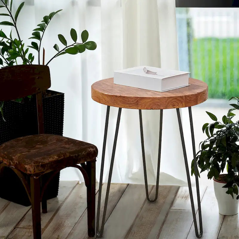 Table d'appoint en bois avec pieds épingles en fer