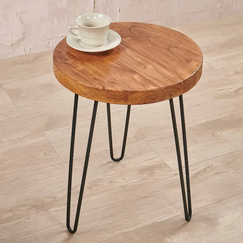 Table d'appoint en bois avec pieds épingles en fer