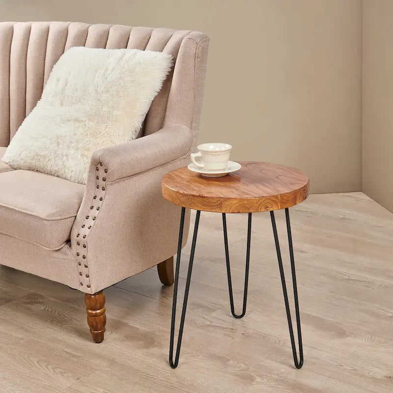 Table d'appoint en bois avec pieds épingles en fer