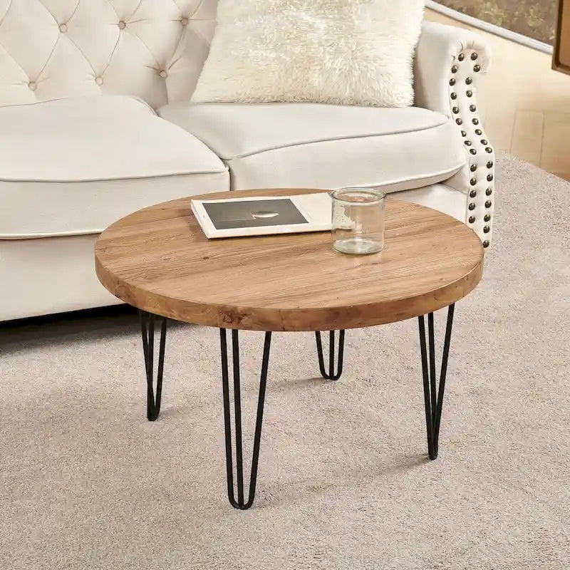 Table d'appoint en bois avec pieds épingles en fer