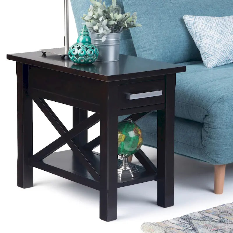 Table d'appoint rectangulaire étroite en bois massif de 35,5 cm avec tiroir et étagère