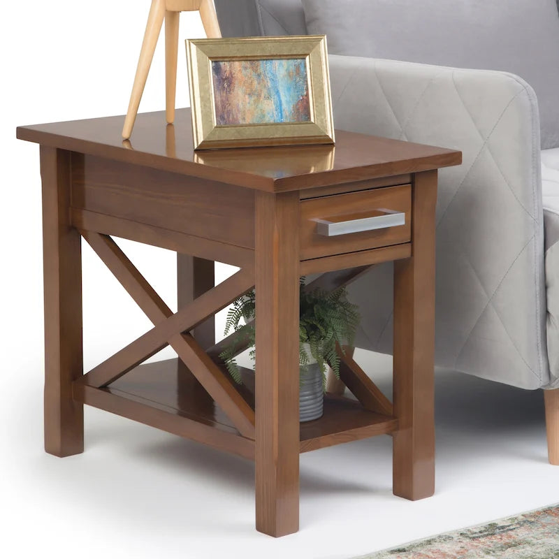 Table d'appoint rectangulaire étroite en bois massif de 35,5 cm avec tiroir et étagère