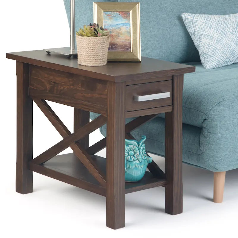 Table d'appoint rectangulaire étroite en bois massif de 35,5 cm avec tiroir et étagère