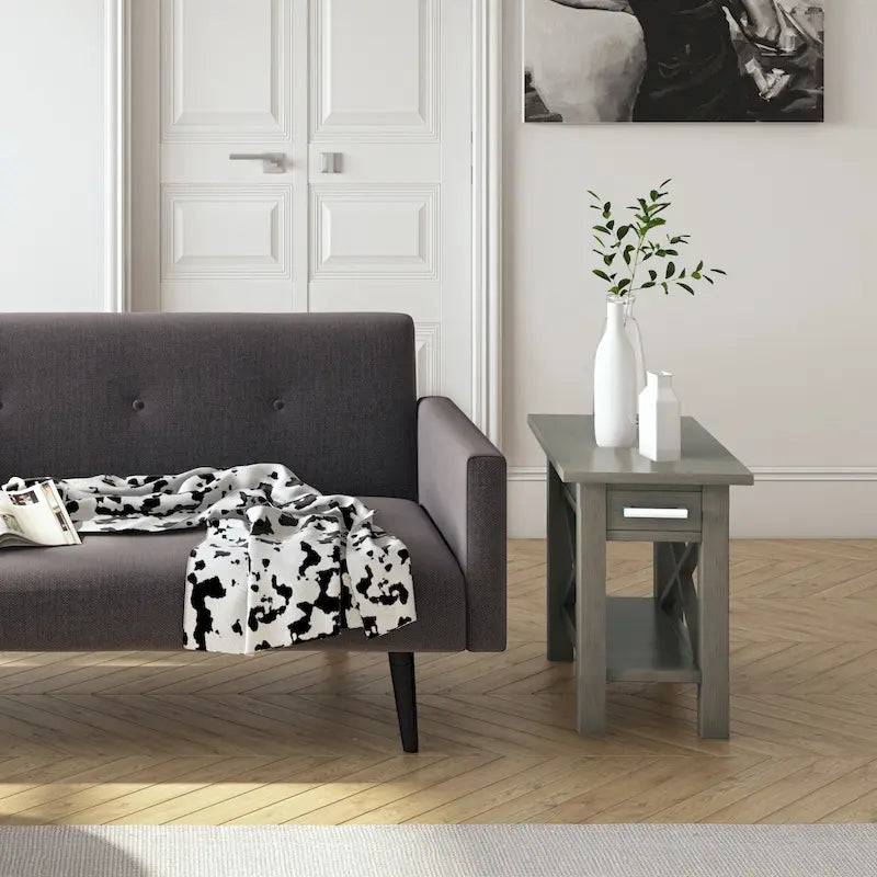 Table d'appoint rectangulaire étroite en bois massif de 35,5 cm avec tiroir et étagère