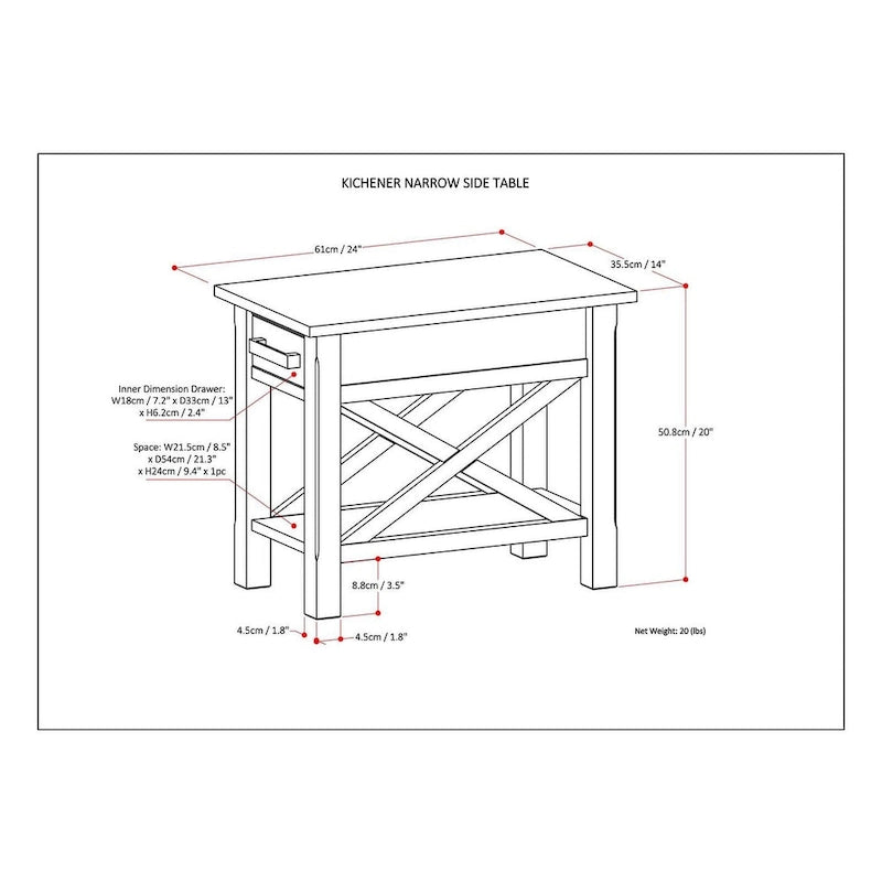 Table d'appoint rectangulaire étroite en bois massif de 35,5 cm avec tiroir et étagère