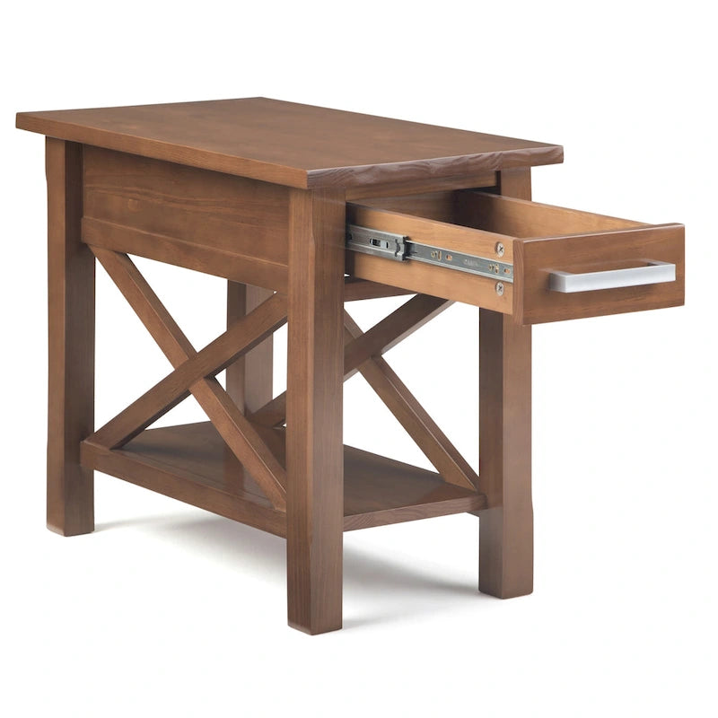 Table d'appoint rectangulaire étroite en bois massif de 35,5 cm avec tiroir et étagère