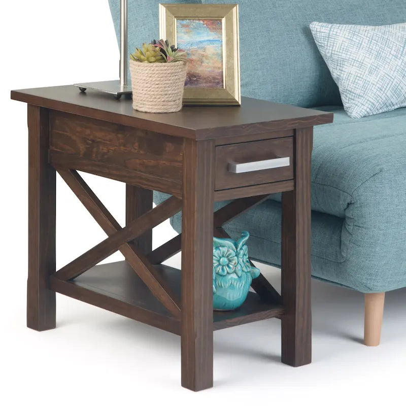 Table d'appoint rectangulaire étroite en bois massif de 35,5 cm avec tiroir et étagère