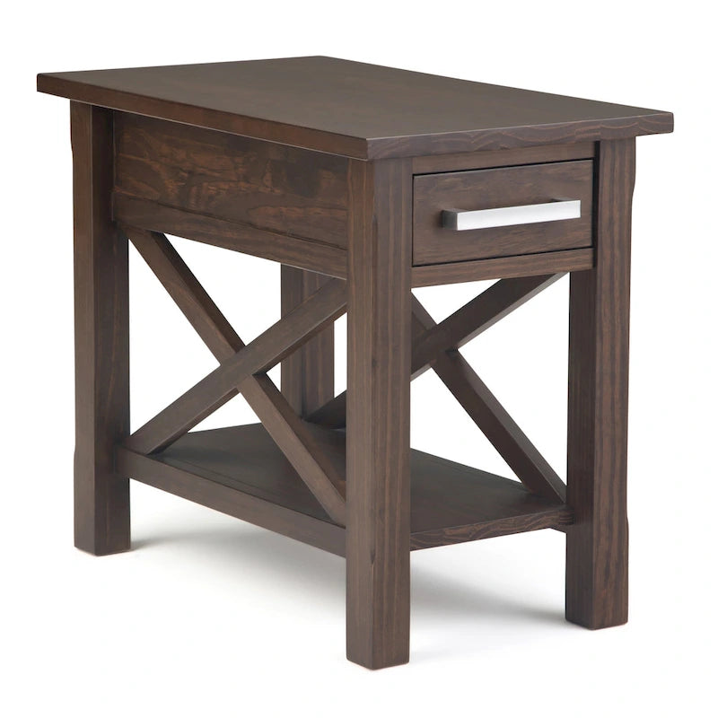 Table d'appoint rectangulaire étroite en bois massif de 35,5 cm avec tiroir et étagère
