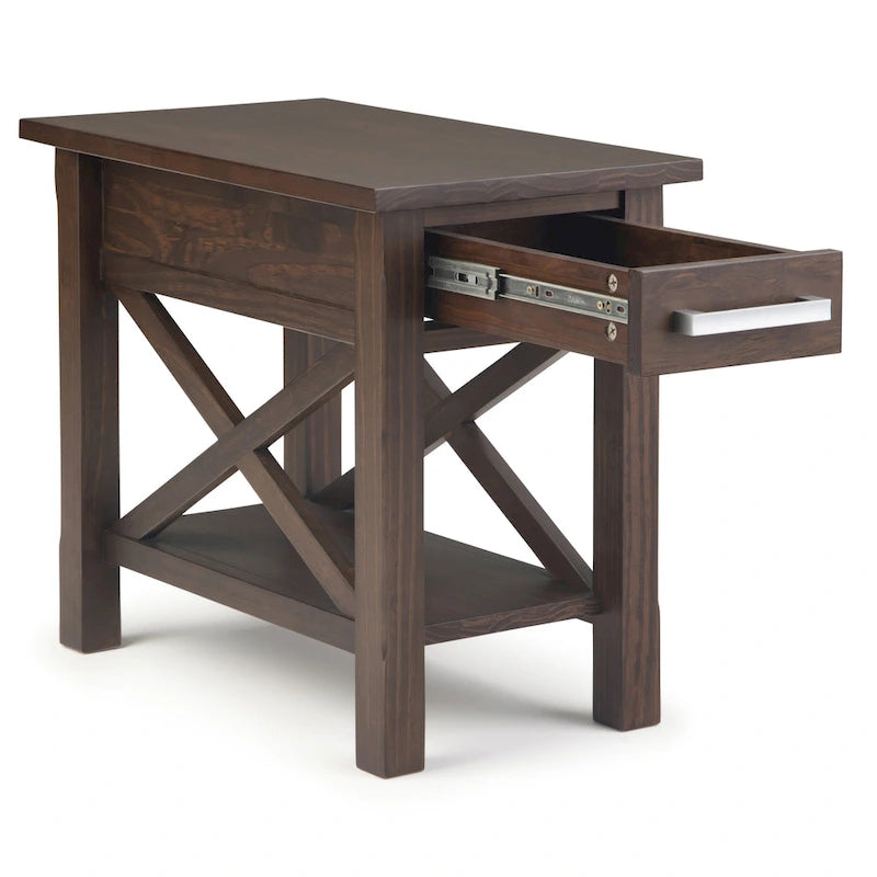 Table d'appoint rectangulaire étroite en bois massif de 35,5 cm avec tiroir et étagère