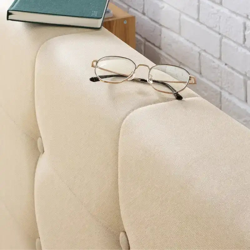 Lit plateforme capitonné en tissu beige - Très grand lit