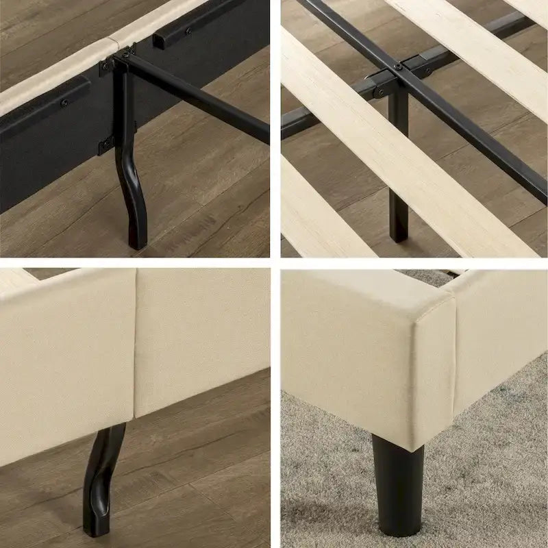 Lit plateforme capitonné en tissu beige - Très grand lit