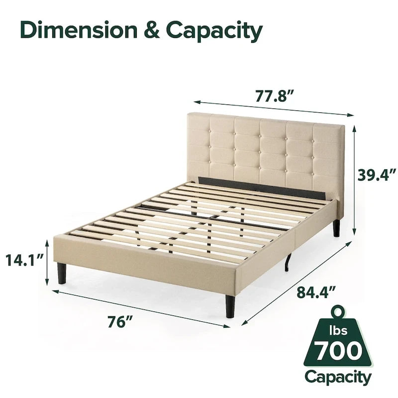 Lit plateforme capitonné en tissu beige - Très grand lit