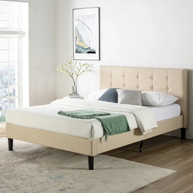 Lit plateforme capitonné en tissu beige - Très grand lit