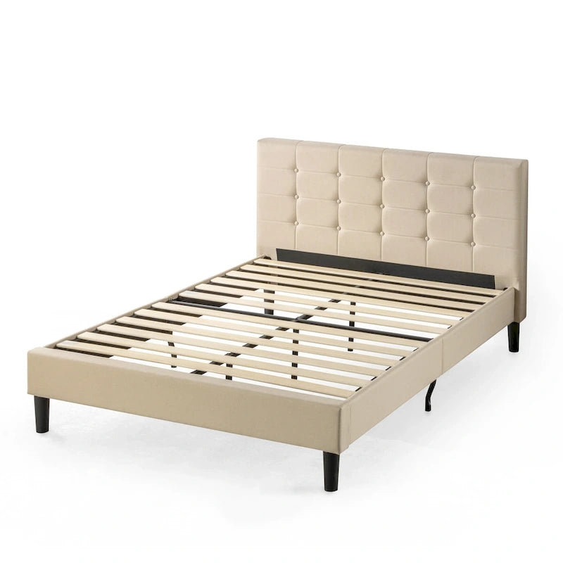 Lit plateforme capitonné en tissu beige - Très grand lit