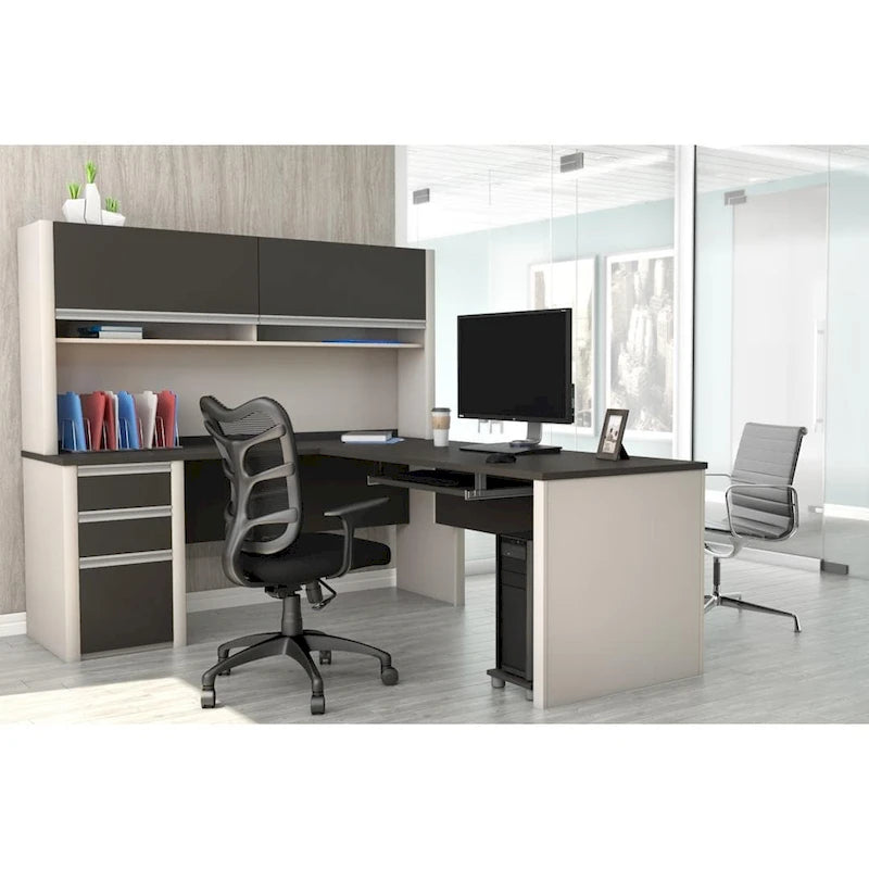 Bureau en L de 183 cm avec huche, caisson à tiroirs, tablette coulissante pour clavier et support d'unité centrale