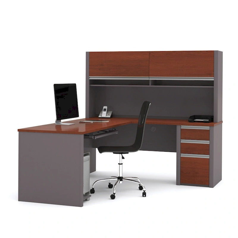 Bureau en L de 183 cm avec huche, caisson à tiroirs, tablette coulissante pour clavier et support d'unité centrale