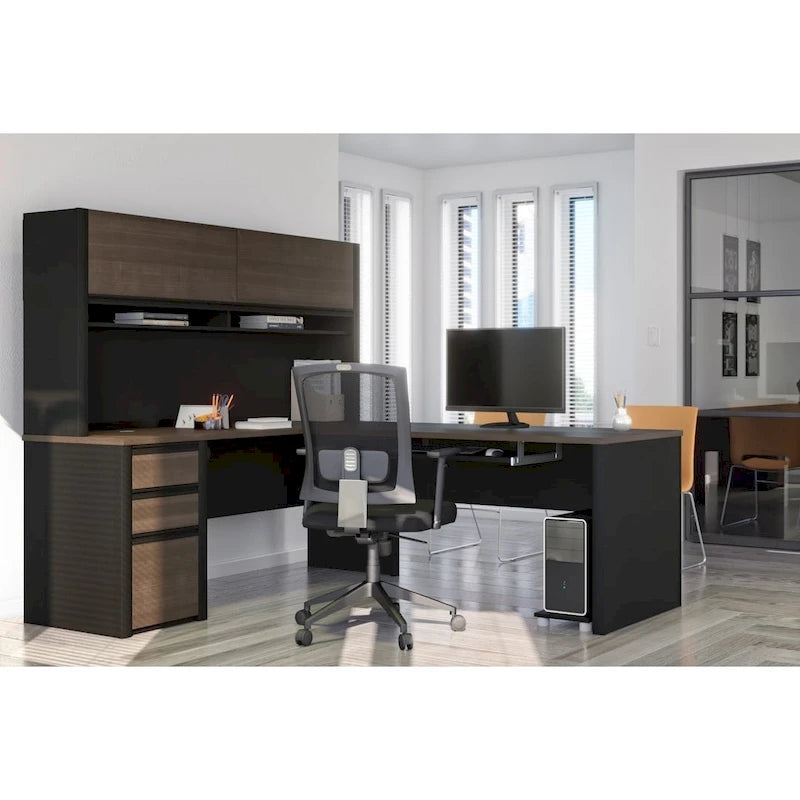 Bureau en L de 183 cm avec huche, caisson à tiroirs, tablette coulissante pour clavier et support d'unité centrale