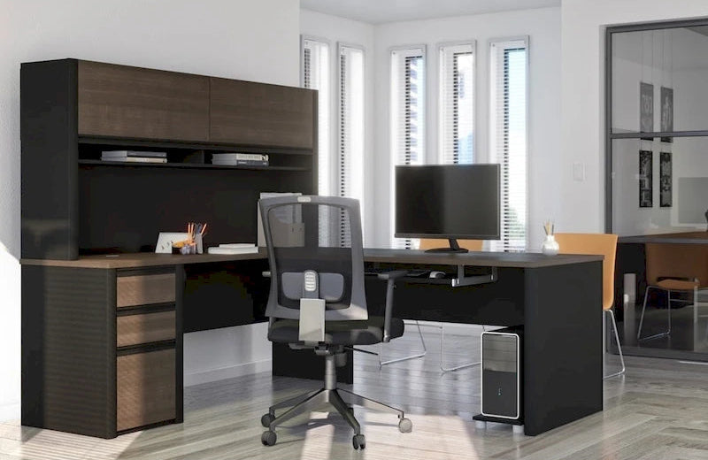 Bureau en L de 183 cm avec huche, caisson à tiroirs, tablette coulissante pour clavier et support d'unité centrale