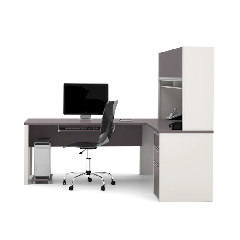 Bureau en L de 183 cm avec huche, caisson à tiroirs, tablette coulissante pour clavier et support d'unité centrale