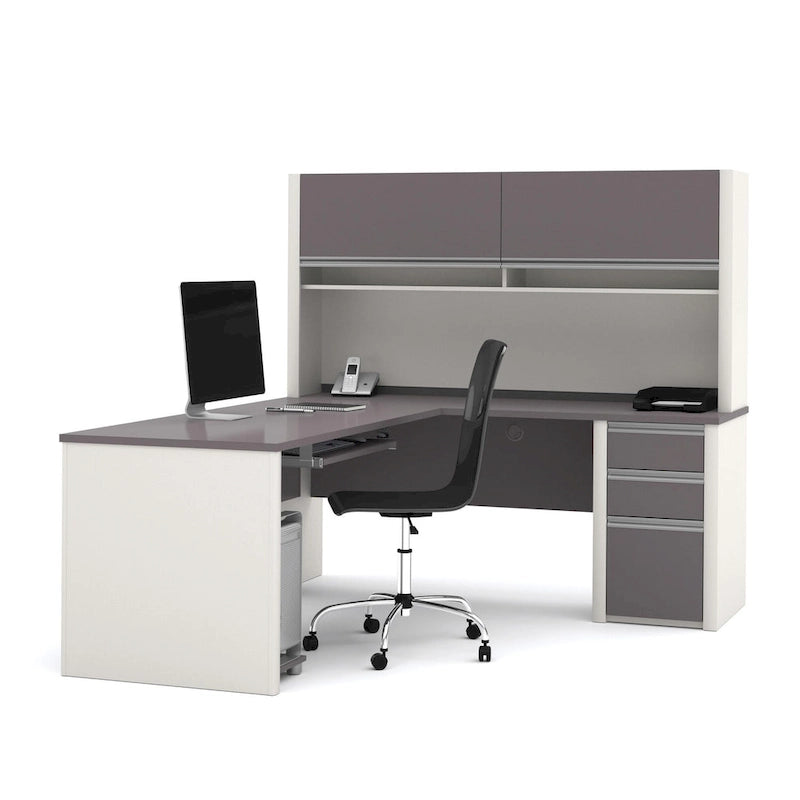 Bureau en L de 183 cm avec huche, caisson à tiroirs, tablette coulissante pour clavier et support d'unité centrale