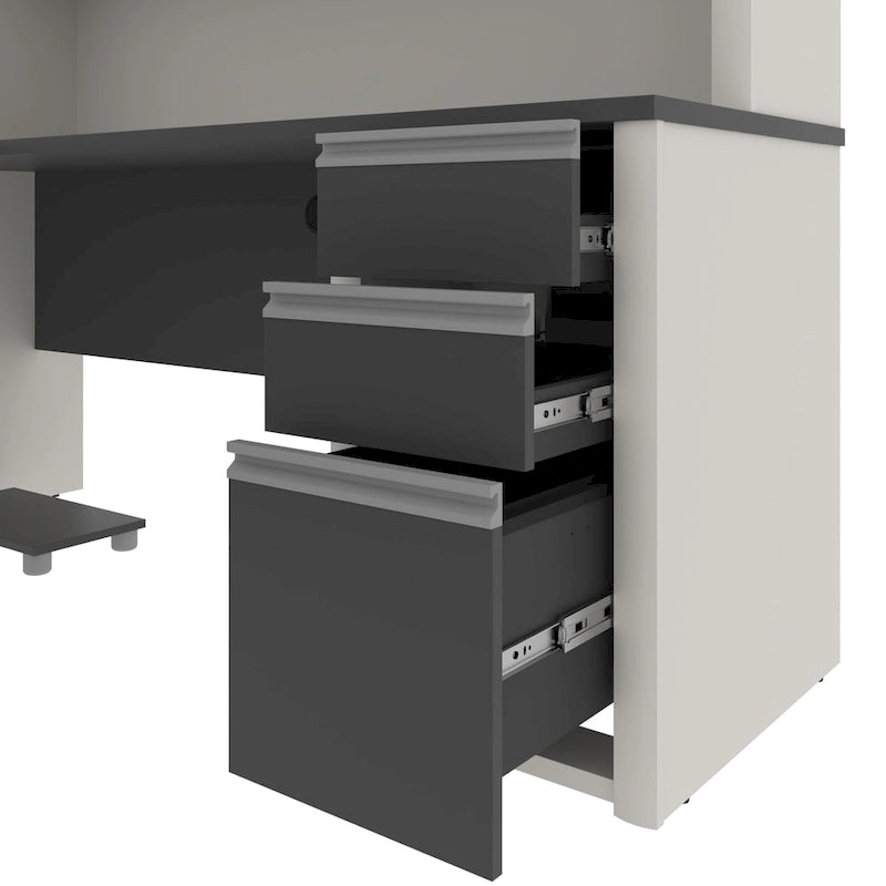Bureau en L de 183 cm avec huche, caisson à tiroirs, tablette coulissante pour clavier et support d'unité centrale