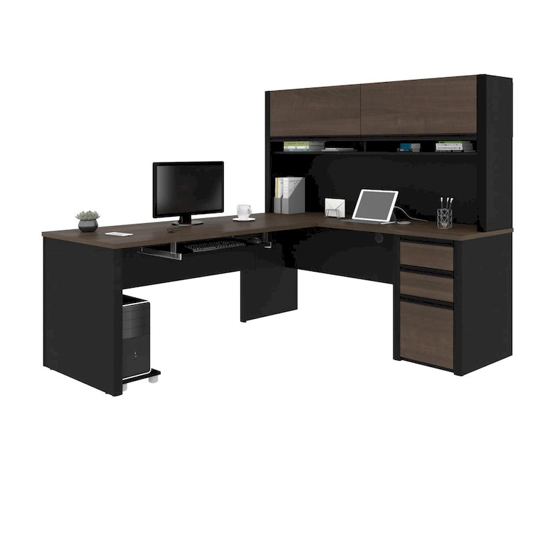 Bureau en L de 183 cm avec huche, caisson à tiroirs, tablette coulissante pour clavier et support d'unité centrale