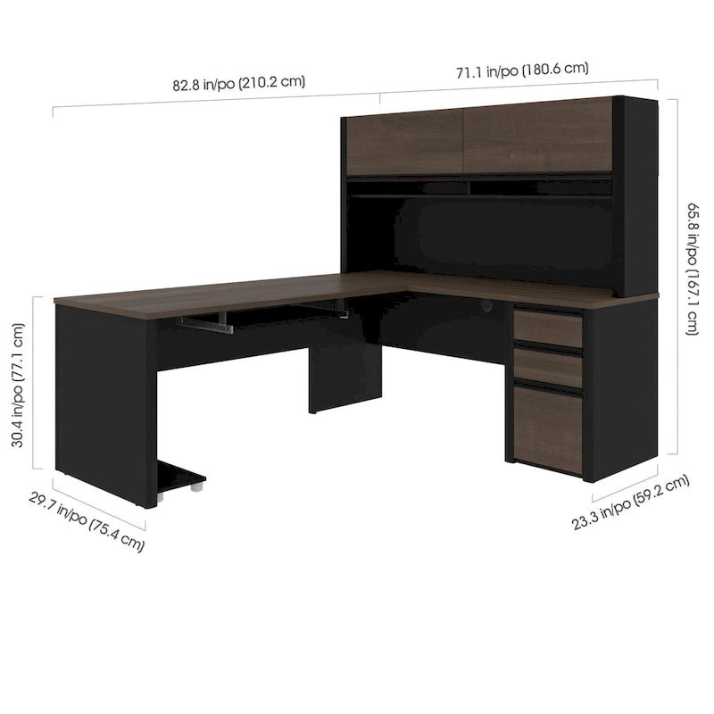 Bureau en L de 183 cm avec huche, caisson à tiroirs, tablette coulissante pour clavier et support d'unité centrale