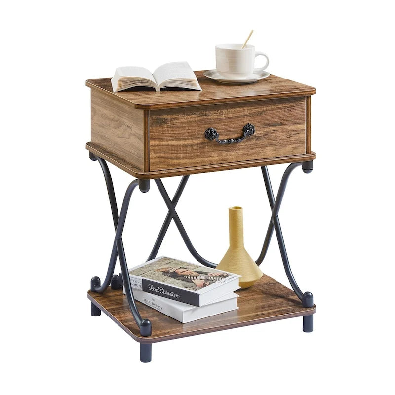 Table de chevet moderne avec 1 tiroir et étagère de rangement, table d'appoint en X
