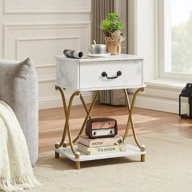 Table de chevet moderne avec 1 tiroir et étagère de rangement, table d'appoint en X