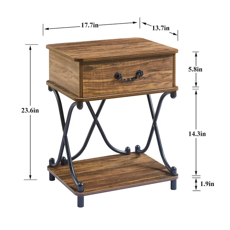 Table de chevet moderne avec 1 tiroir et étagère de rangement, table d'appoint en X