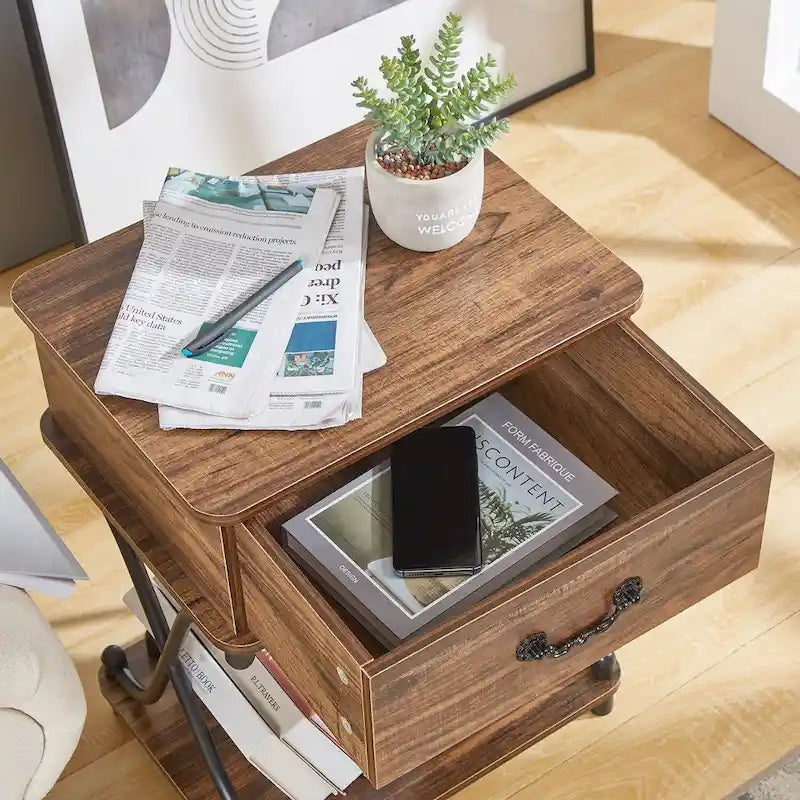 Table de chevet moderne avec 1 tiroir et étagère de rangement, table d'appoint en X
