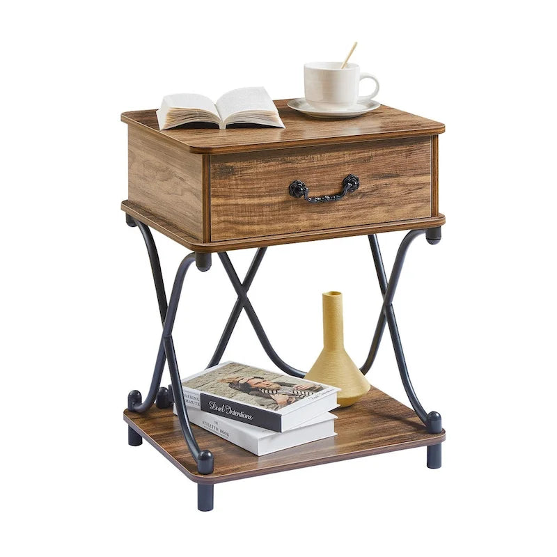 Table de chevet moderne avec 1 tiroir et étagère de rangement, table d'appoint en X