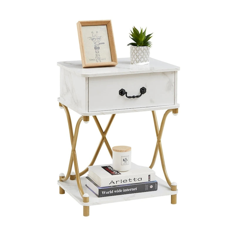 Table de chevet moderne avec 1 tiroir et étagère de rangement, table d'appoint en X