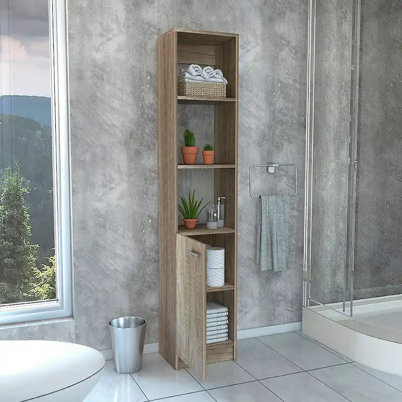 Meuble de rangement pour linge avec 3 étagères ouvertes, 2 étagères intérieures et porte