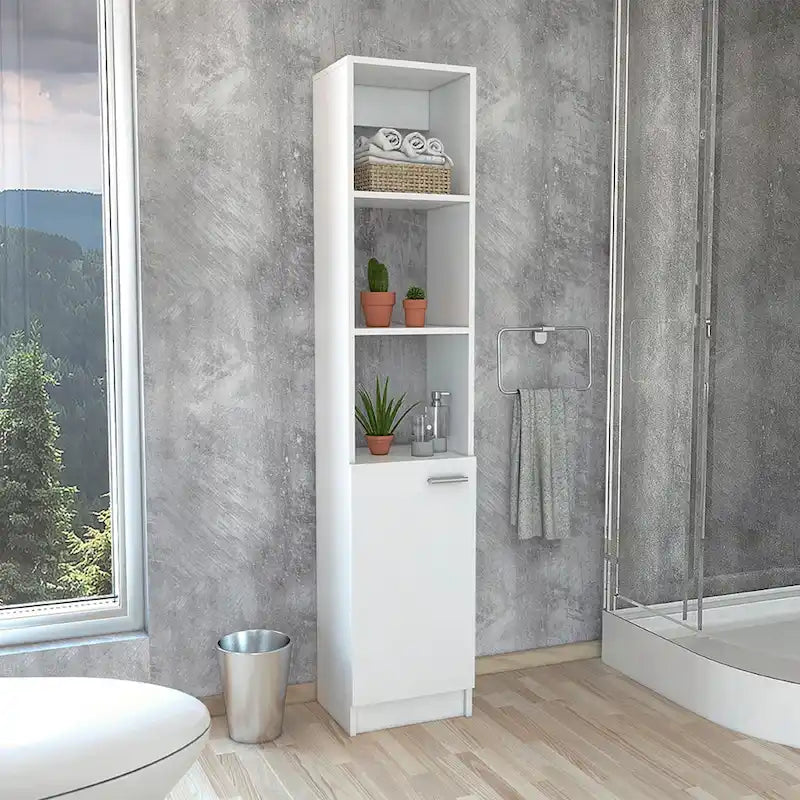 Meuble de rangement pour linge avec 3 étagères ouvertes, 2 étagères intérieures et porte