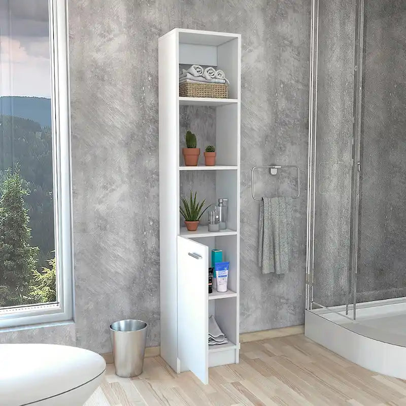 Meuble de rangement pour linge avec 3 étagères ouvertes, 2 étagères intérieures et porte