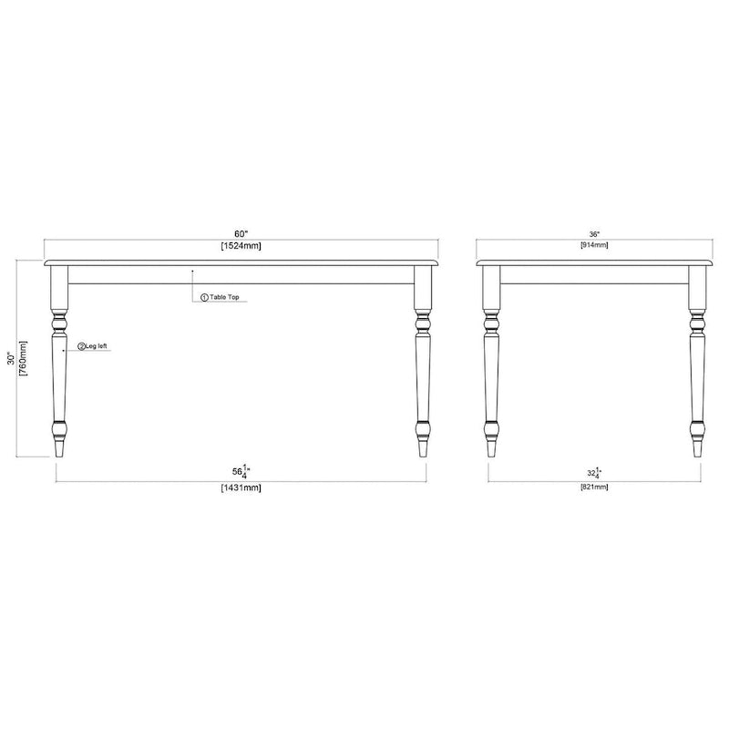 Table à manger rectangulaire en bois d'hévéa style ferme - Crème