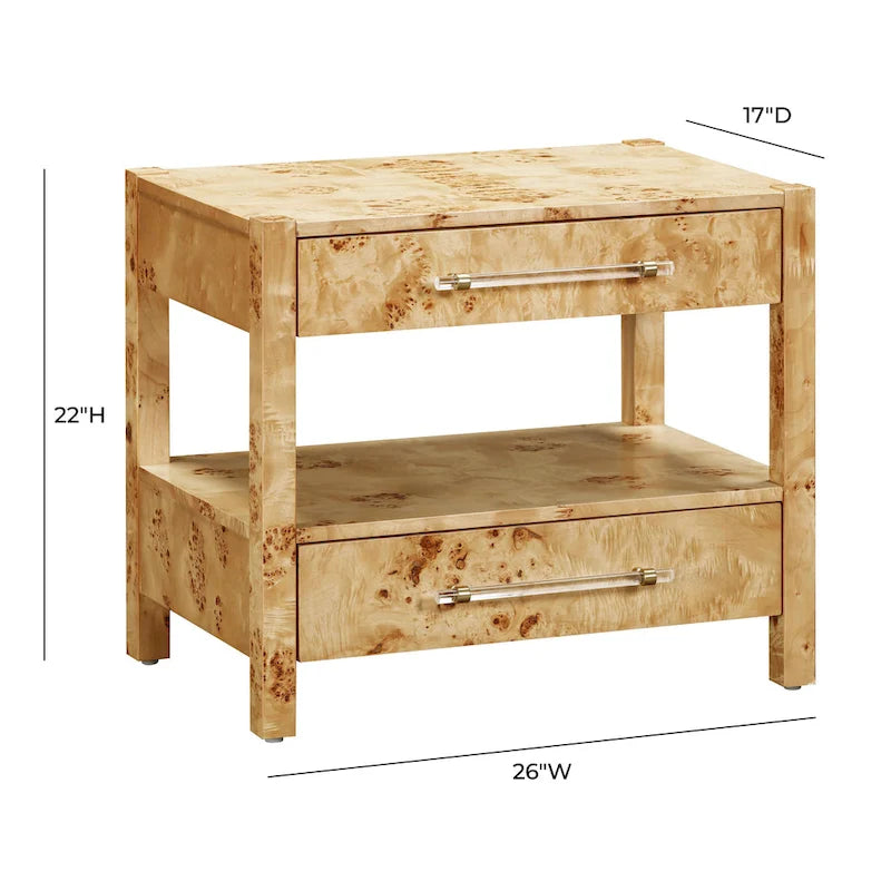 Table de chevet à 2 tiroirs en bois d'acacia avec accents en laiton