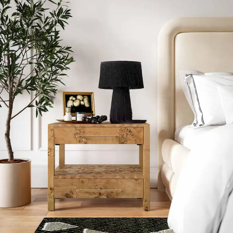 Table de chevet à 2 tiroirs en bois d'acacia avec accents en laiton
