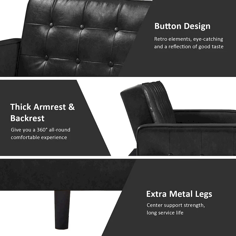 Canapé 3 places 74,4 L en similicuir, capitonné à la main, convertible, dossier réglable