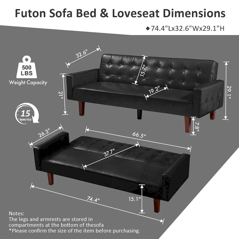 Canapé 3 places 74,4 L en similicuir, capitonné à la main, convertible, dossier réglable