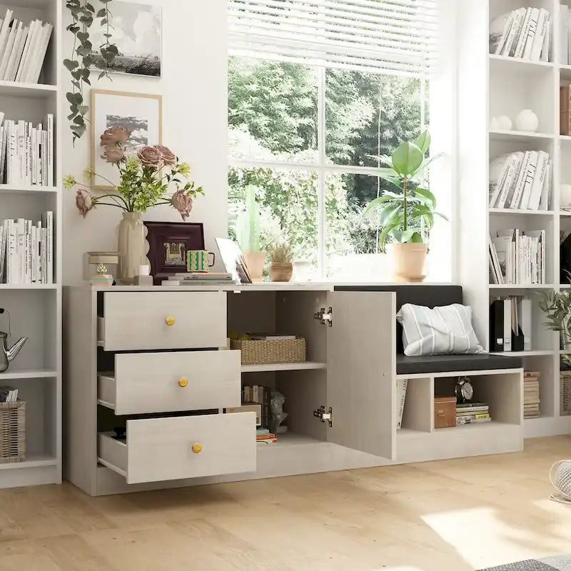 Banc de rangement à chaussures blanc avec siège coussiné et étagères réglables