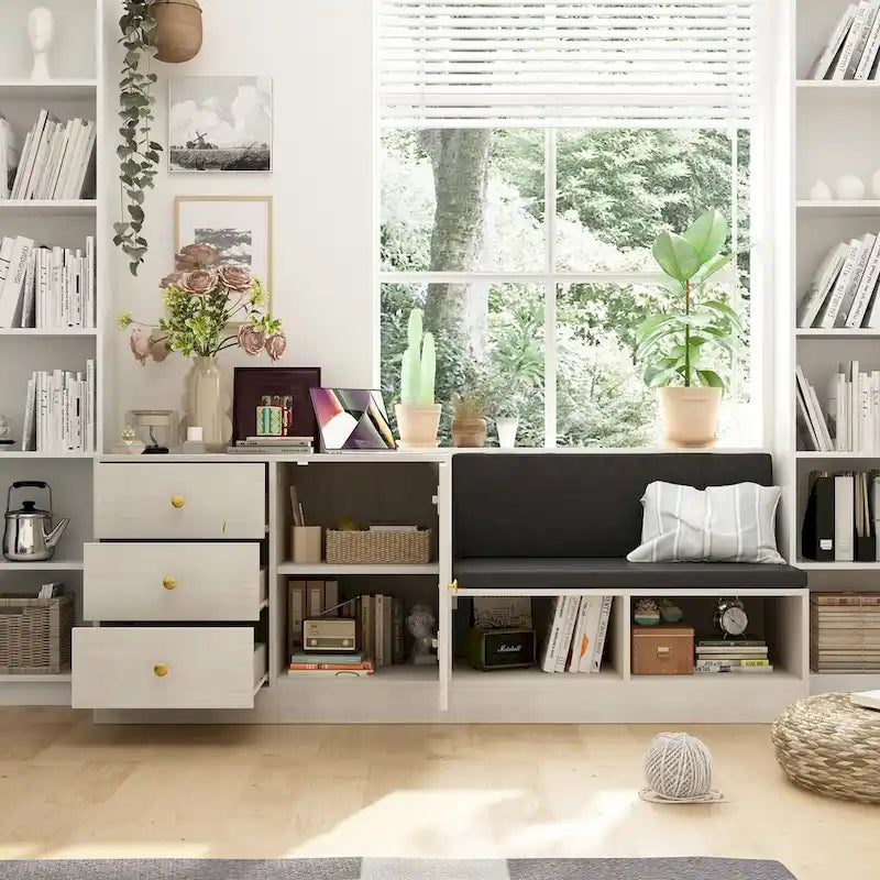 Banc de rangement à chaussures blanc avec siège coussiné et étagères réglables