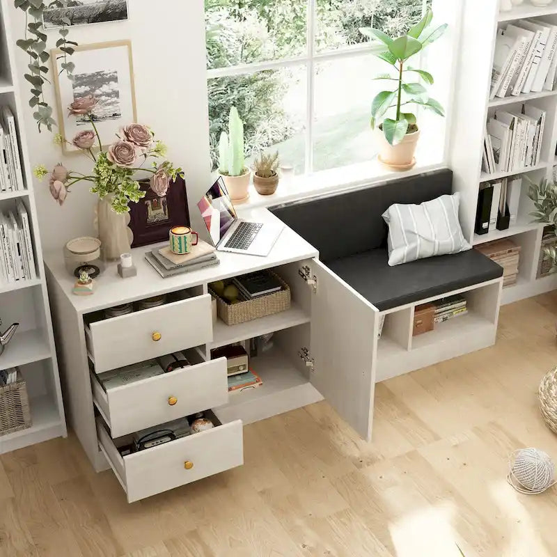 Banc de rangement à chaussures blanc avec siège coussiné et étagères réglables
