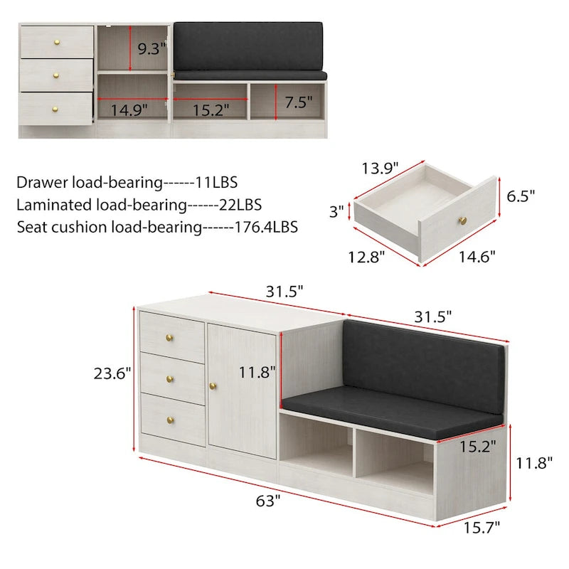 Banc de rangement à chaussures blanc avec siège coussiné et étagères réglables