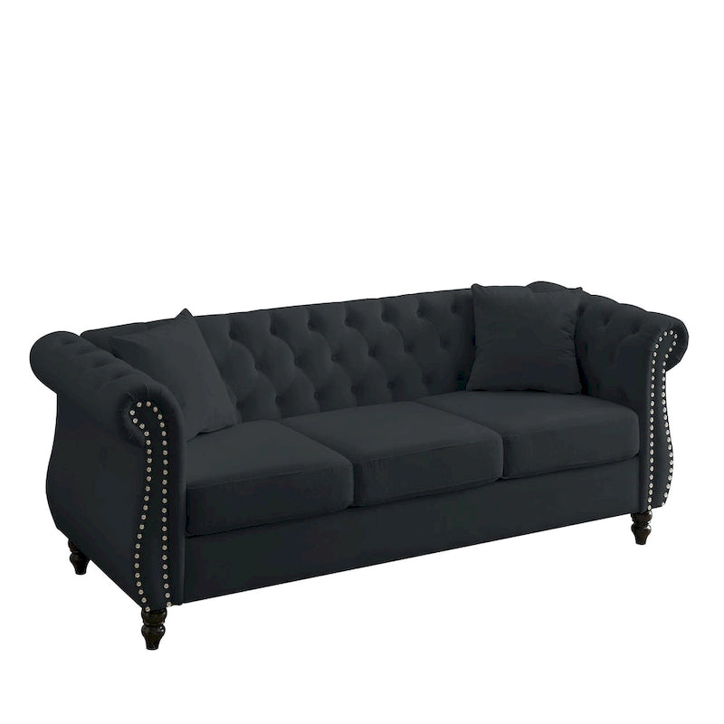 Canapé Chesterfield 3 places capitonné avec accoudoirs roulés et clous décoratifs